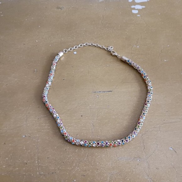 Gloria Vanderbilt Gold Tone Multi Color Rhinestone Encrusted Necklace - Picture 2 of 7